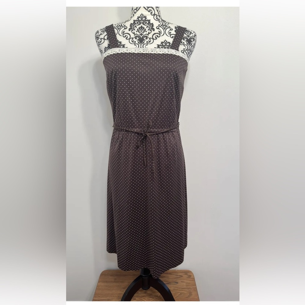 strait lane women brown sleeveless polka dot dress size 10.